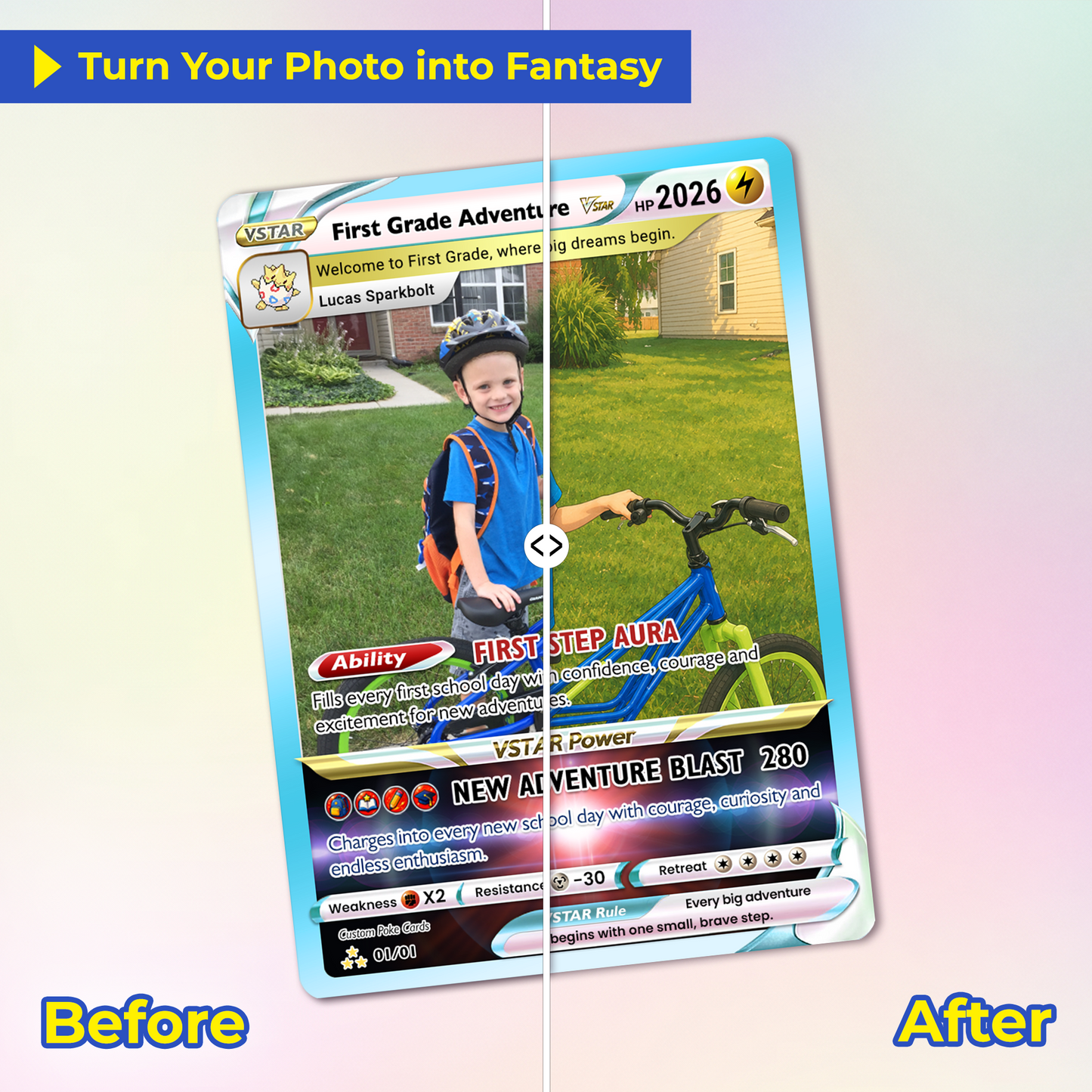 First Grade Adventure Custom Pokémon Card, First Day of School Personalized Pokémon Card, Customizable Animated Gift from Parents for Kids - Kindergarten Graduation Gift - CPC-BTS-24