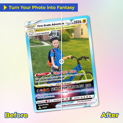 First Grade Adventure Custom Pokémon Card, First Day of School Personalized Pokémon Card, Customizable Animated Gift from Parents for Kids - Kindergarten Graduation Gift - CPC-BTS-24