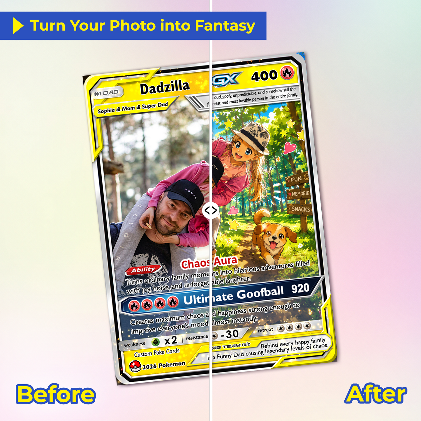 Unique Gift For a Funny Dad - Happy Father's Day Custom Pokémon Card - Comic Anime Style Personalized Pokémon Card for Funny Dad - Perfect Gift from Wife & Kids - CPC-123