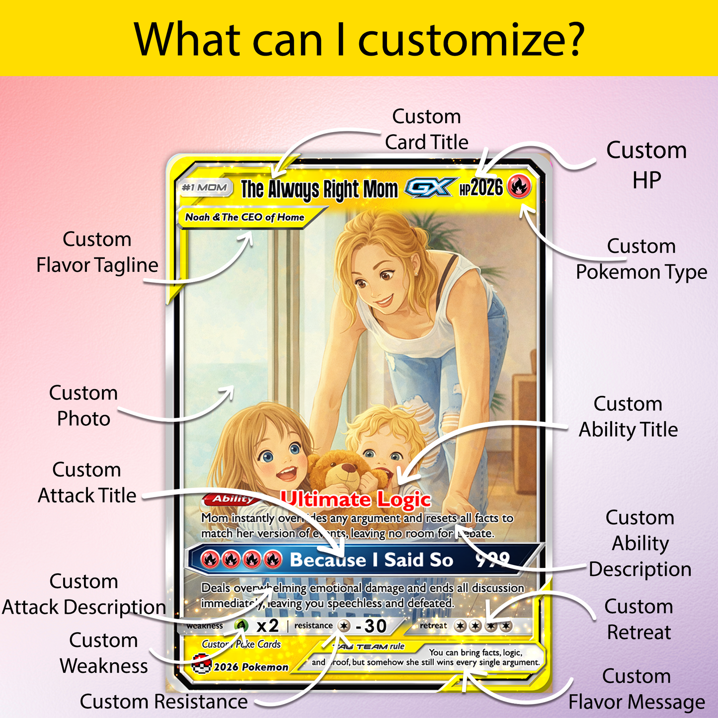 Mother’s Day Custom Pokémon Card – Funny Quote Personalized Pokemon Card - Customizable Gift from Husband Daughter, Son | Ghibli - Anime Style Trading Card - CPC-87