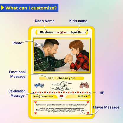 Happy Father’s Day Personalized Pokemon Card - Anime Inspired Personalized Pokémon Card for Trainer Dad - Customizable Gift from Supporter, Wife, Son & Daughter - CPC-108.B