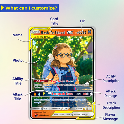Back to School Gift for Pokémon Fans - Custom Pokémon Card with Anime Picture for Kids, Students - Personalized First Day of School Gift from Parents - CPC-147