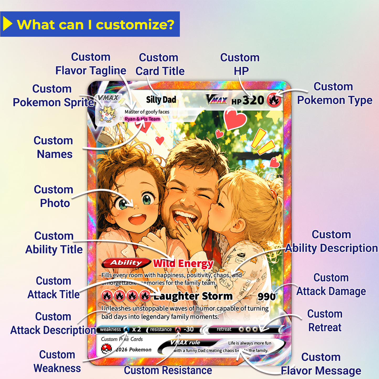 Father’s Day 2026 Custom Pokémon Card - Comic Anime Style Personalized Pokémon Card for Funny Dad - Perfect Gift from Wife & Kids - CPC-121