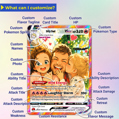 Father’s Day 2026 Custom Pokémon Card - Comic Anime Style Personalized Pokémon Card for Funny Dad - Perfect Gift from Wife & Kids - CPC-121