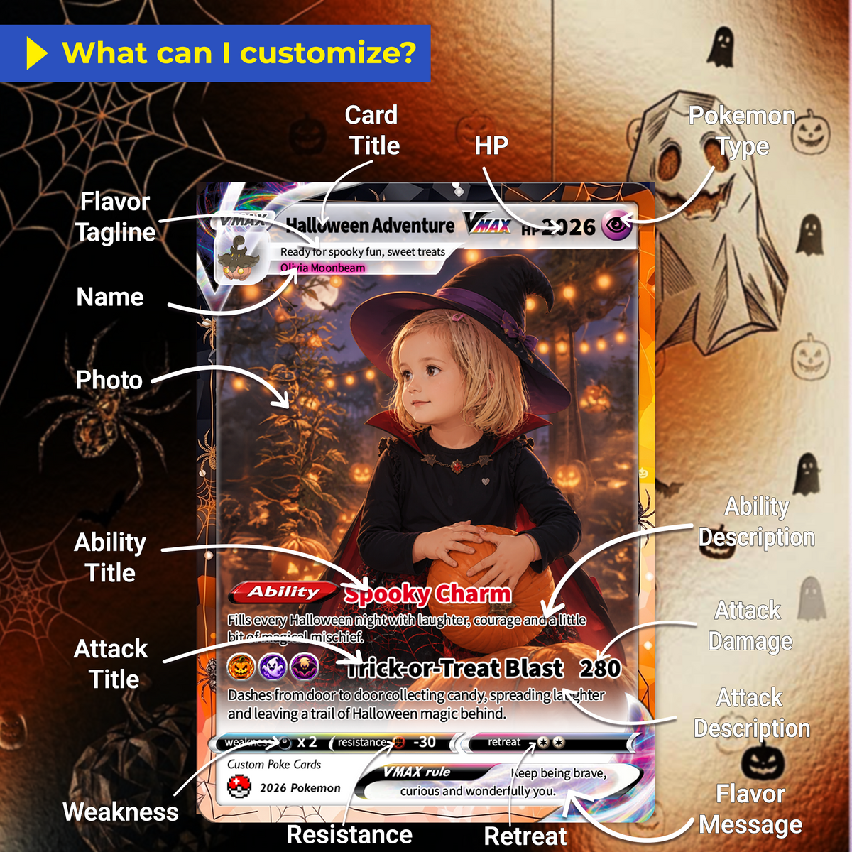 Custom Pokémon Card for Kids, Halloween Anime Transformation Photo Poke Card, Personalized Halloween Gift for Children, Custom Pokémon Gift - CPC-hlw-12