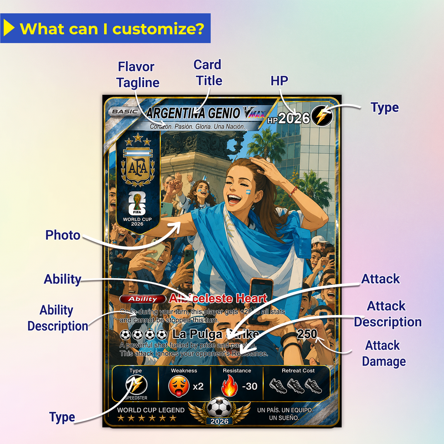Custom World Cup 2026 Soccer Card, Personalized Football Trading Card, Pokémon-Style Fan Card with Photo, Unique Gift for Soccer Fans - CPC-WC-ARG