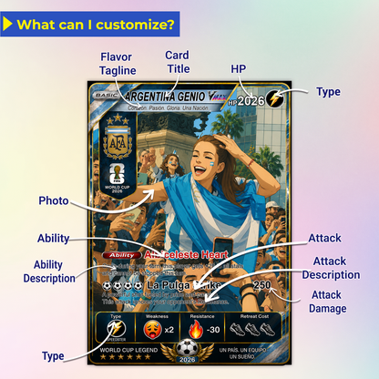 Custom World Cup 2026 Soccer Card, Personalized Football Trading Card, Pokémon-Style Fan Card with Photo, Unique Gift for Soccer Fans - CPC-WC-ARG