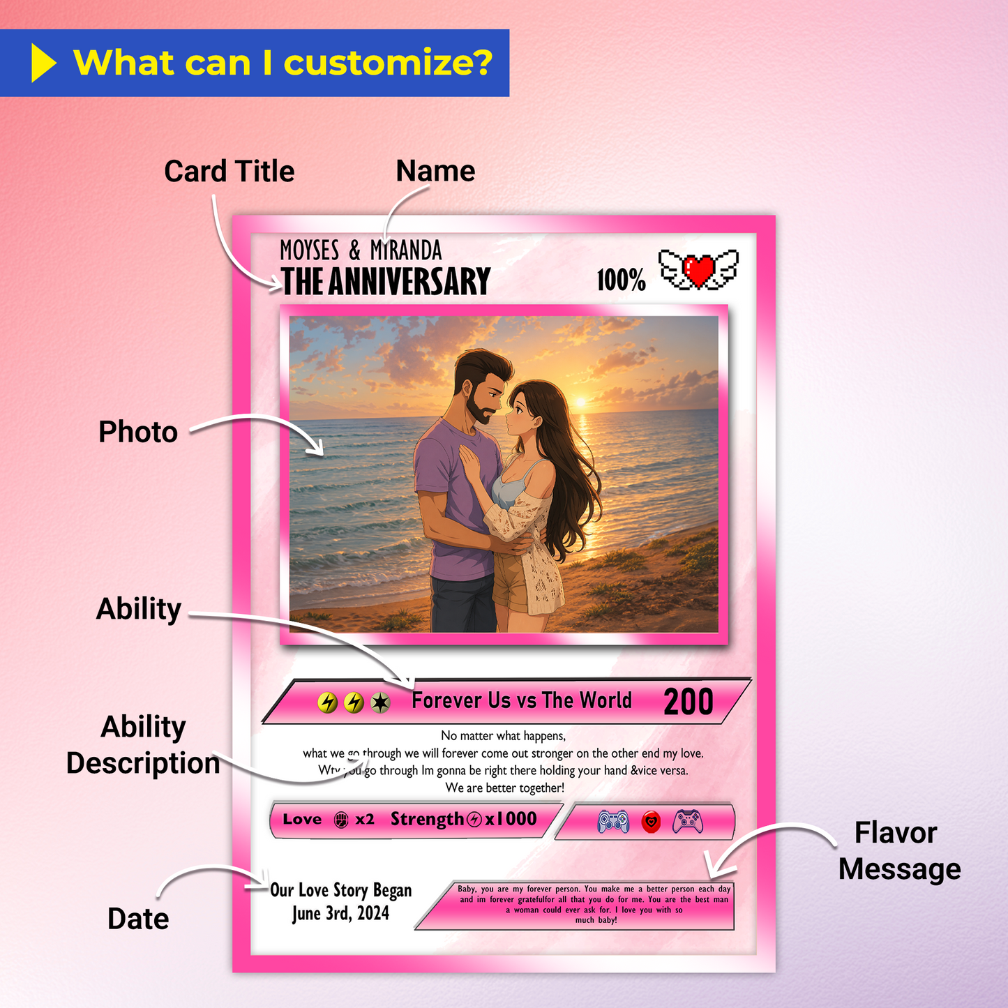 Happy Valentines Card, Custom Pokémon Cards with Anime Picture, Personalized Poke Cards Animated Style Gifts for Him and Her - CPC-72