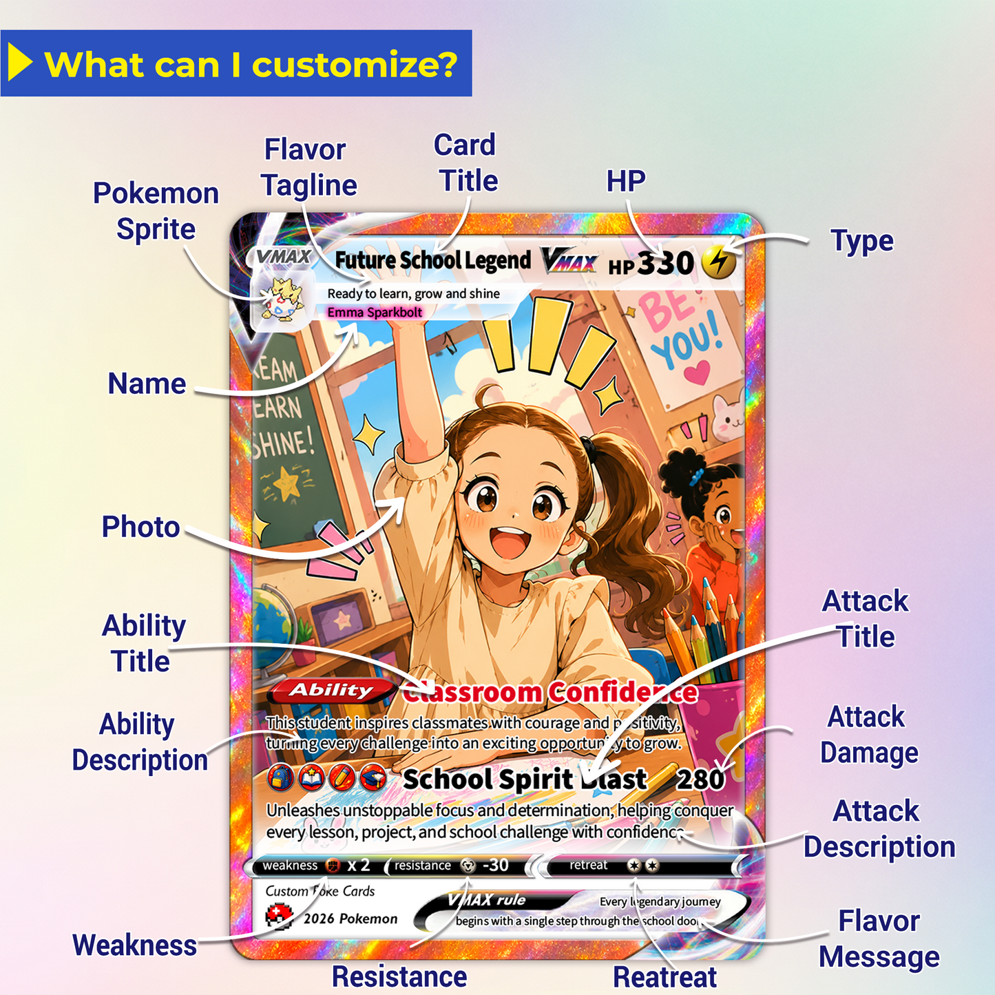 Back to School Custom Pokémon Card - Personalized Pokémon Card with Anime Picture for Kids, Students - First Day of School Gift from Parents - CPC-BTS-01