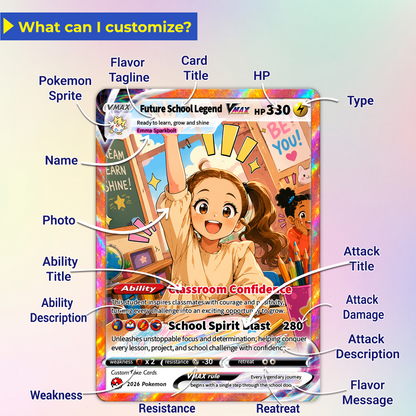Back to School Custom Pokémon Card - Personalized Pokémon Card with Anime Picture for Kids, Students - First Day of School Gift from Parents - CPC-BTS-01