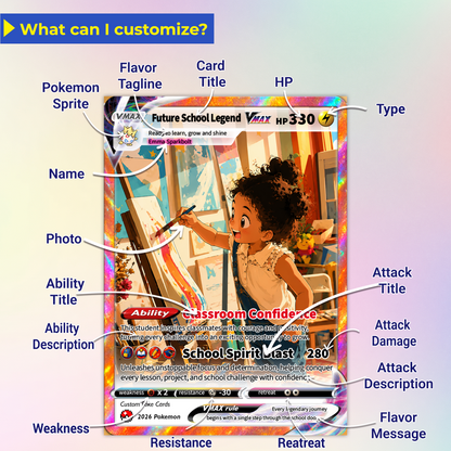 Back to School Custom Pokémon Card - Personalized Pokémon Card with Anime Picture for Kids, Students - First Day of School Gift from Parents - CPC-BTS-01