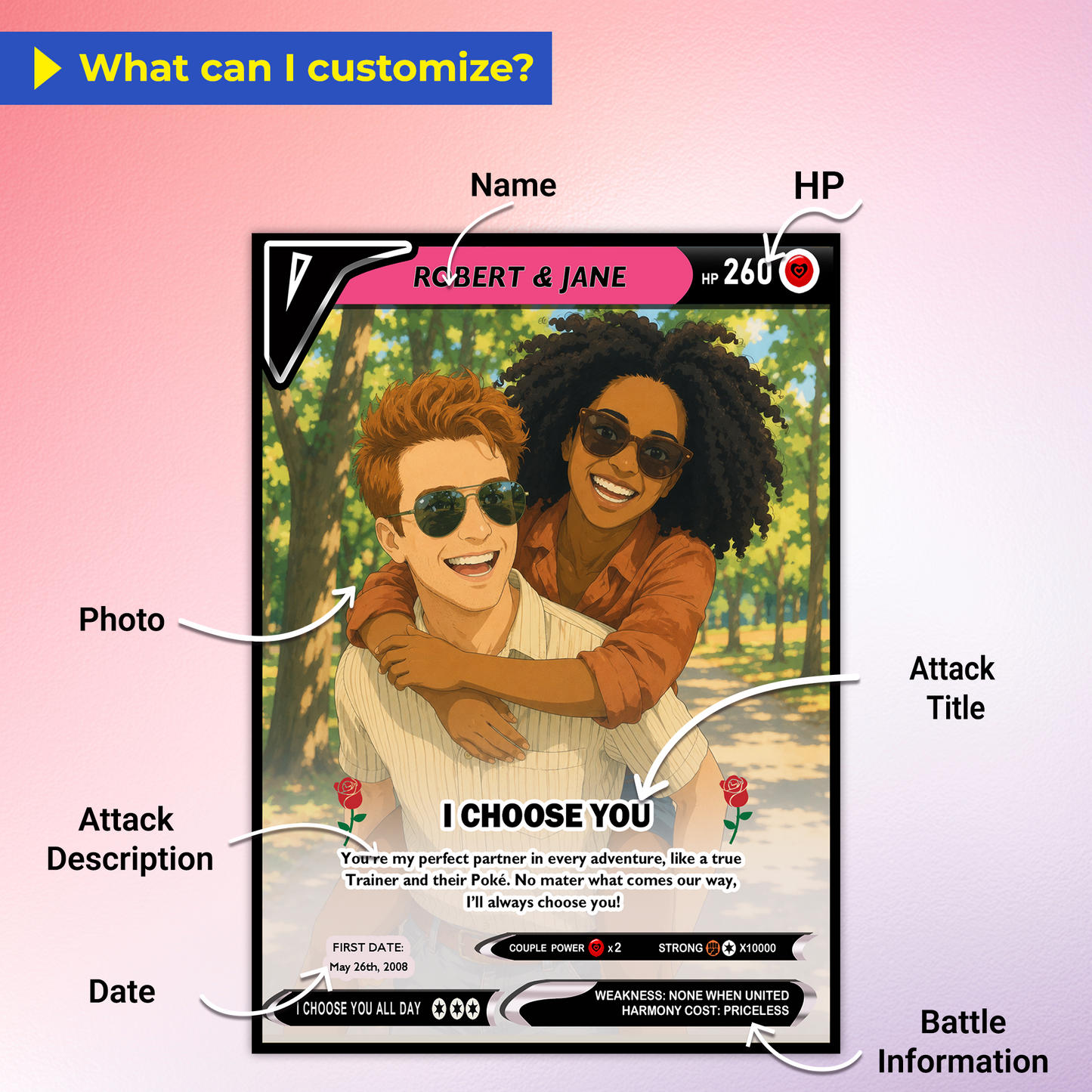 Custom Pokemon Card - Personalized Poke Card for Couples - Holographic Effect Available - CPC-29
