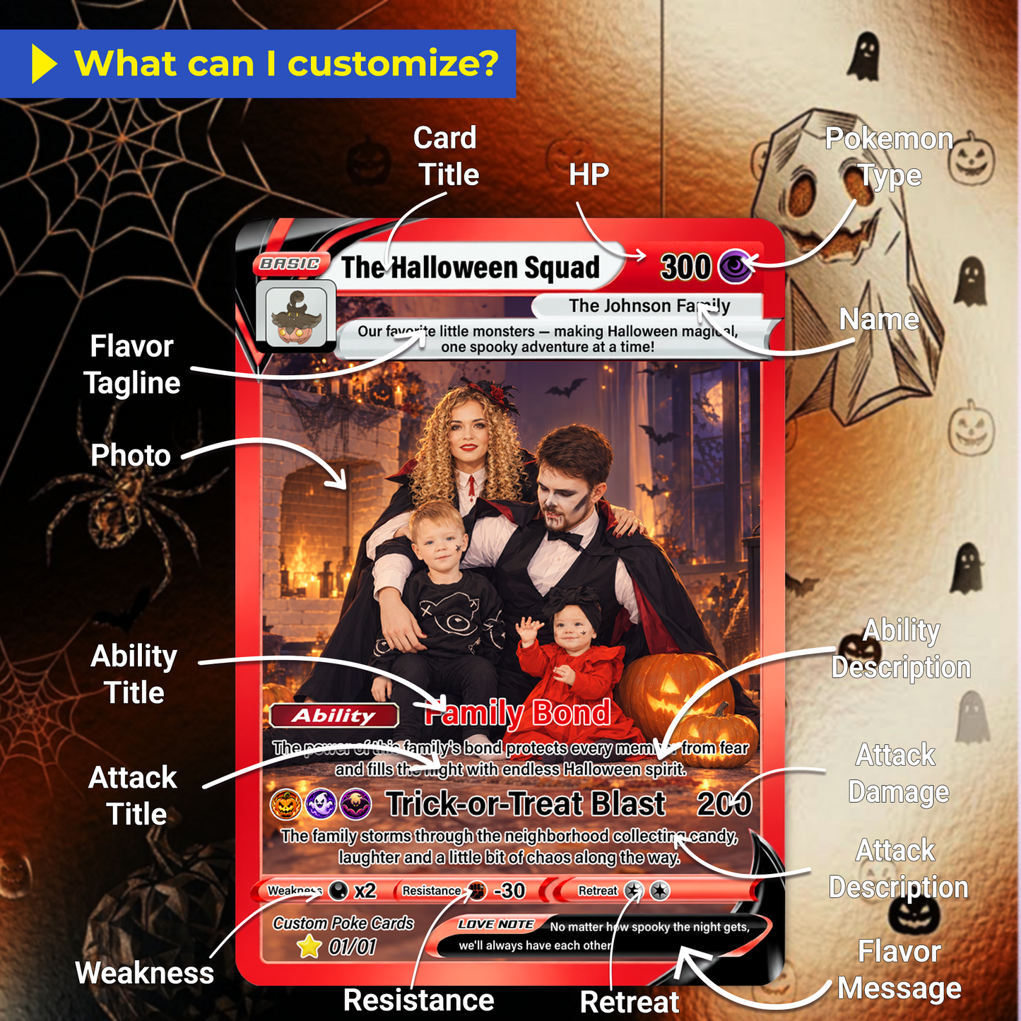 Family Halloween Custom Pokémon Cards with Anime Picture, Personalized Pokemon Cards, Animated Gifts for Family Memebers - CPC-hlw-02