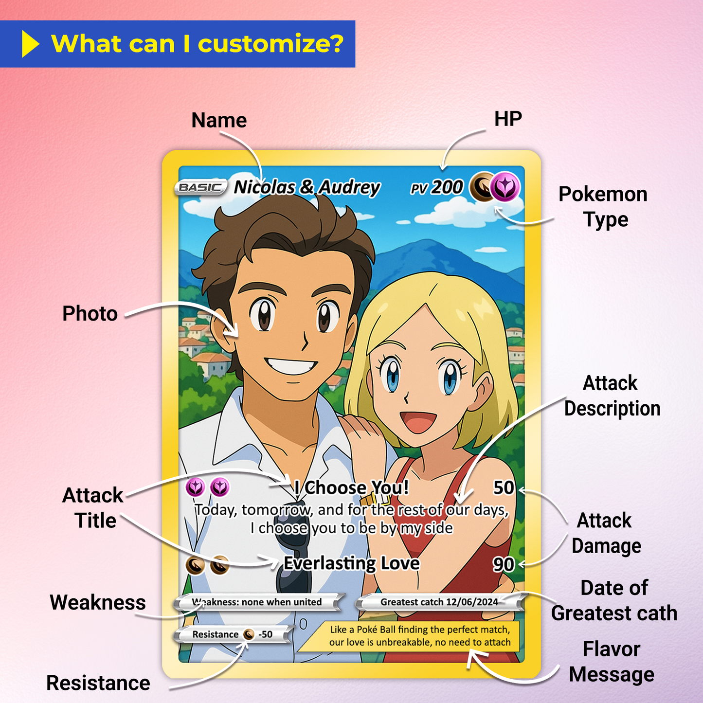 Customizable Pokemon Card - Personalized Anime-Inspired Pokemon Card for Couples - Holographic Effect Available - CPC-28