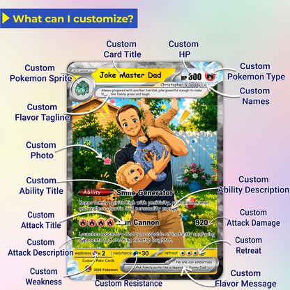 Funny Happy Father's Day Custom Pokémon Card - Comic Anime Style Personalized Pokémon Card for Funny Dad - Perfect Gift from Wife & Kids - CPC-122