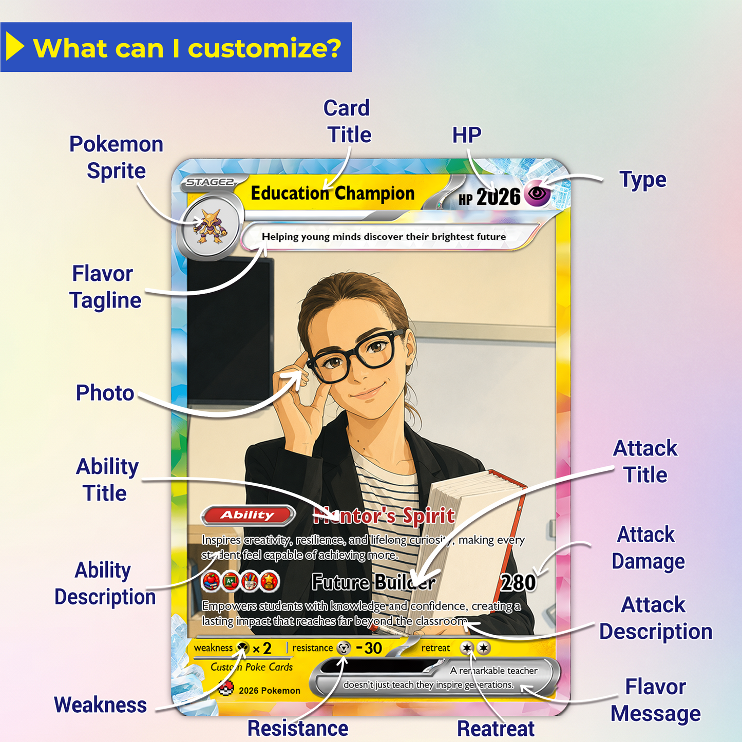 Education Champion Custom Pokemon Cards, Teacher Appreciation Gift Card, Change Your Photo to Anime Styles, Thank You Teacher Gift, Personalized Pokemon Cards - CPC-BTS-08