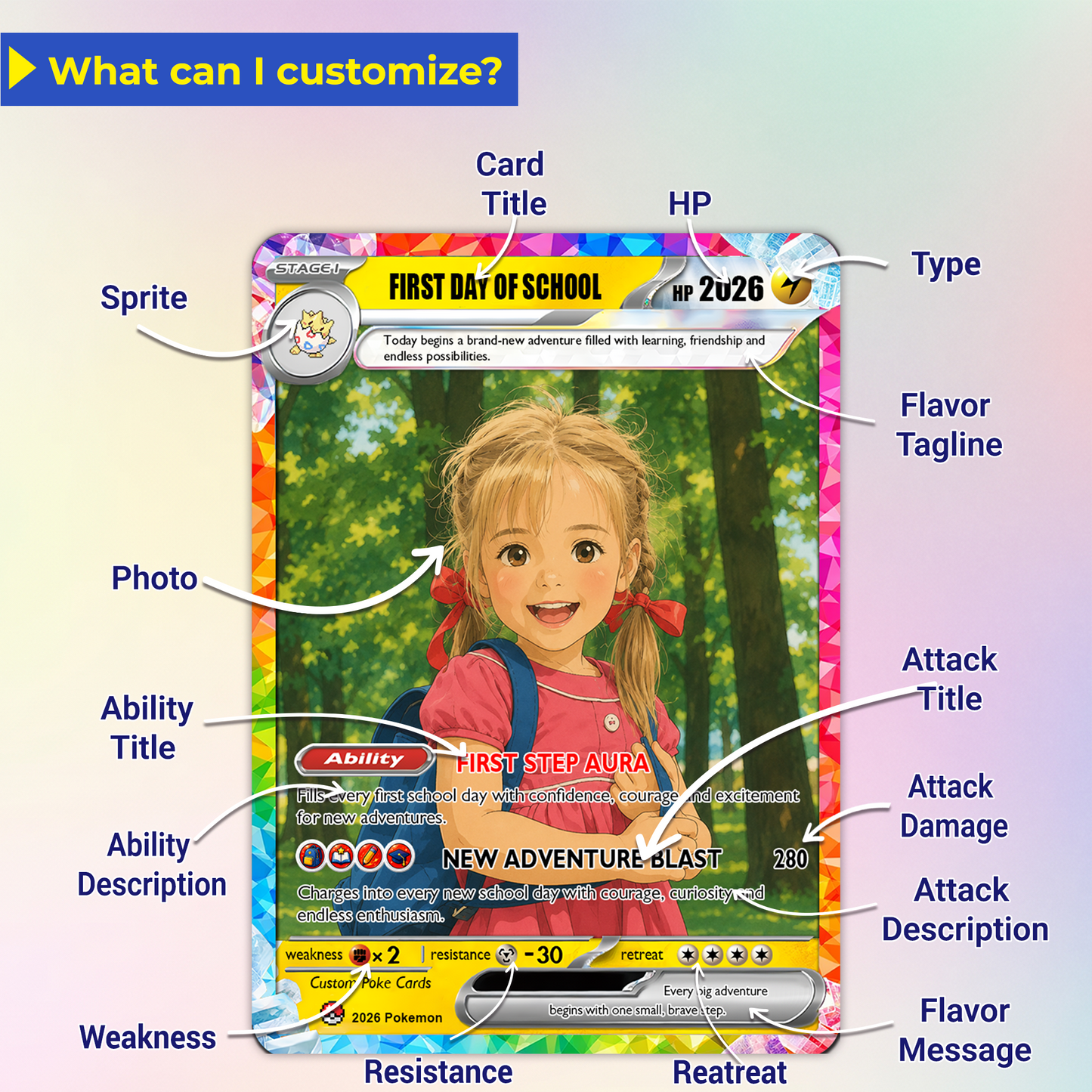 First Grade Custom Pokémon Card, First Day of School Personalized Pokémon Card, Customizable Animated Gift from Parents for Kids - Kindergarten Graduation Gift - CPC-BTS-23