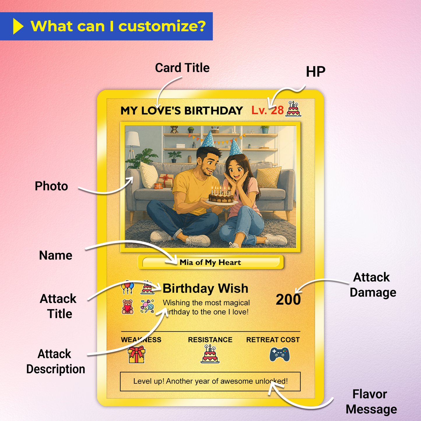 Birthday Custom Pokémon Card for Couples, Pixel Characters Personalized Pokémon Card, Customizable Pokémon Cards for Birthday - CPC-14.A