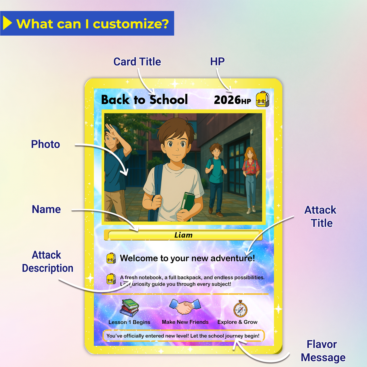 Back to School Custom Pokemon Card with Anime Style Transformation, Personalized Pokemon Card for First Day of School, Gift for Students, Son, Daughter - CPC-71