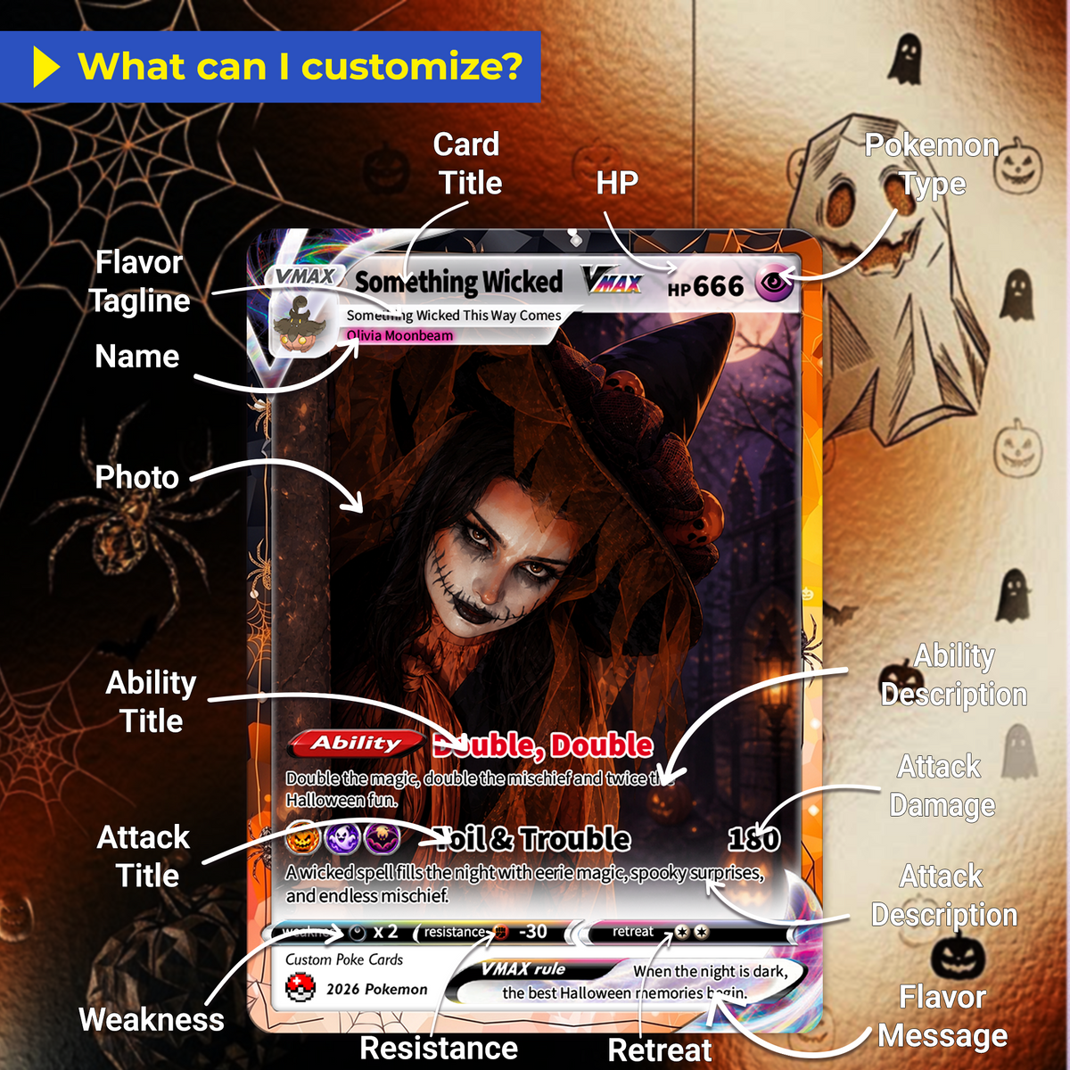 Custom Halloween Witch Pokémon Card with Anime Picture, Personalized Pokémon Cards, Spooky Halloween Gift for Her - CPC-hlw-15