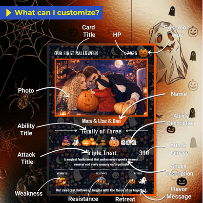 Custom Pokémon Card – First Halloween as a Family of Three, Halloween Anime Transformation Metal Card, Personalized Family of 3 Gift, New Family Keepsake - CPC-hlw-14