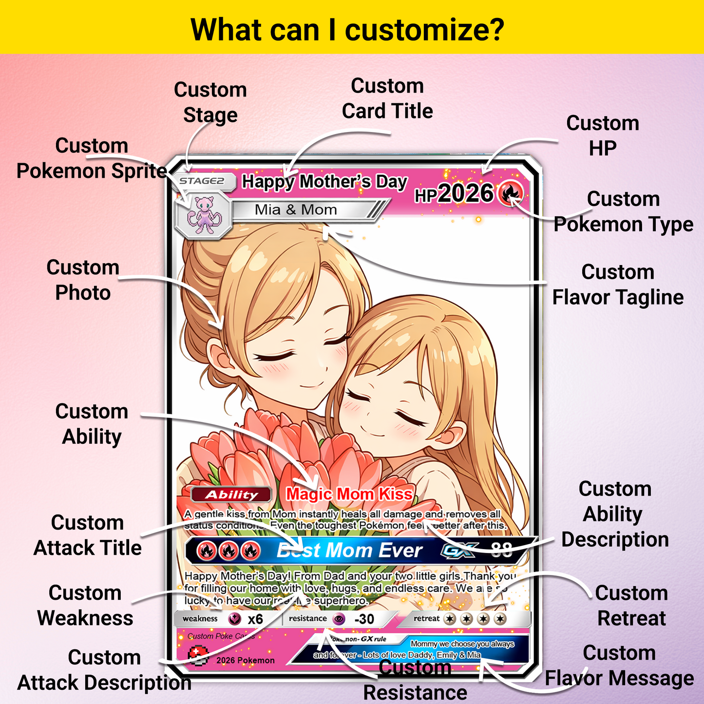 2026 Custom Mother’s Day Pokémon Card – Personalized Mom Gift from Daughter, Son | Ghibli - Anime Style Mom & Kids Card | Unique Gift 2026 - CPC-79