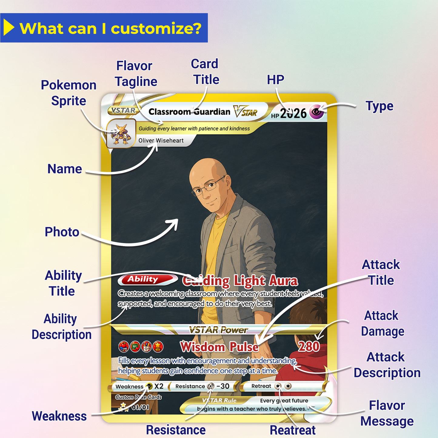Classroom Guardian Custom Pokémon Cards, Teacher Appreciation Gift Card, Personalized Pokémon Cards, Change Your Photo to Anime Styles, Thank You Teacher Gift - CPC-BTS-09