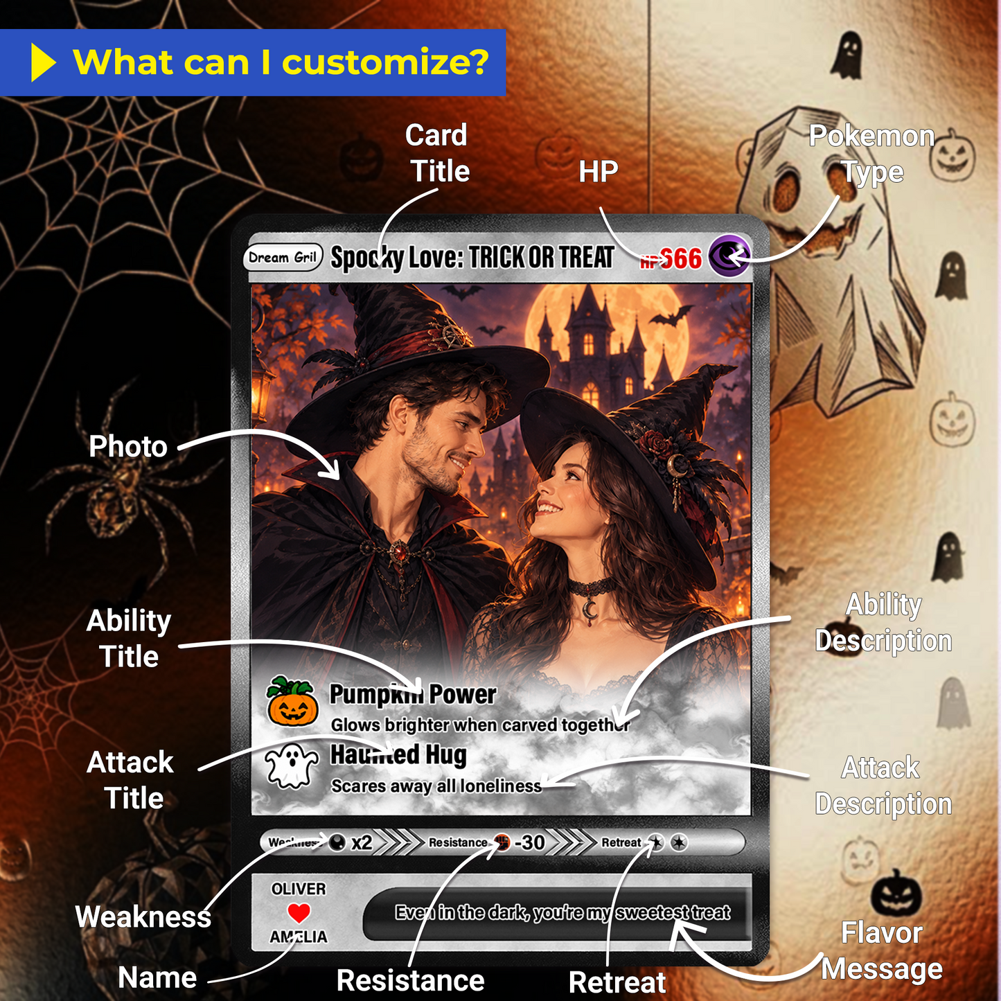 Halloween Custom Pokémon Cards with Animated Photo, Personalized Pokemon Cards, Customizable Gifts for Lovers, Husband and Wife - CPC-hlw-05