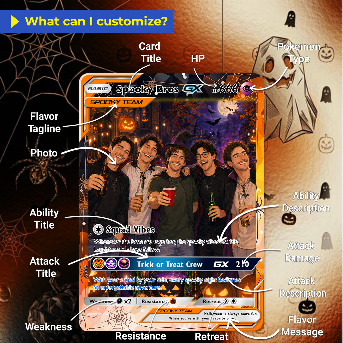Halloween Custom Pokémon Card for Best Friends, Personalized Pokémon Card with Animated Photo, Customizable Group Gift, Custom Halloween Gift for Friends, Pokémon Party Gift - CPC-hlw-11