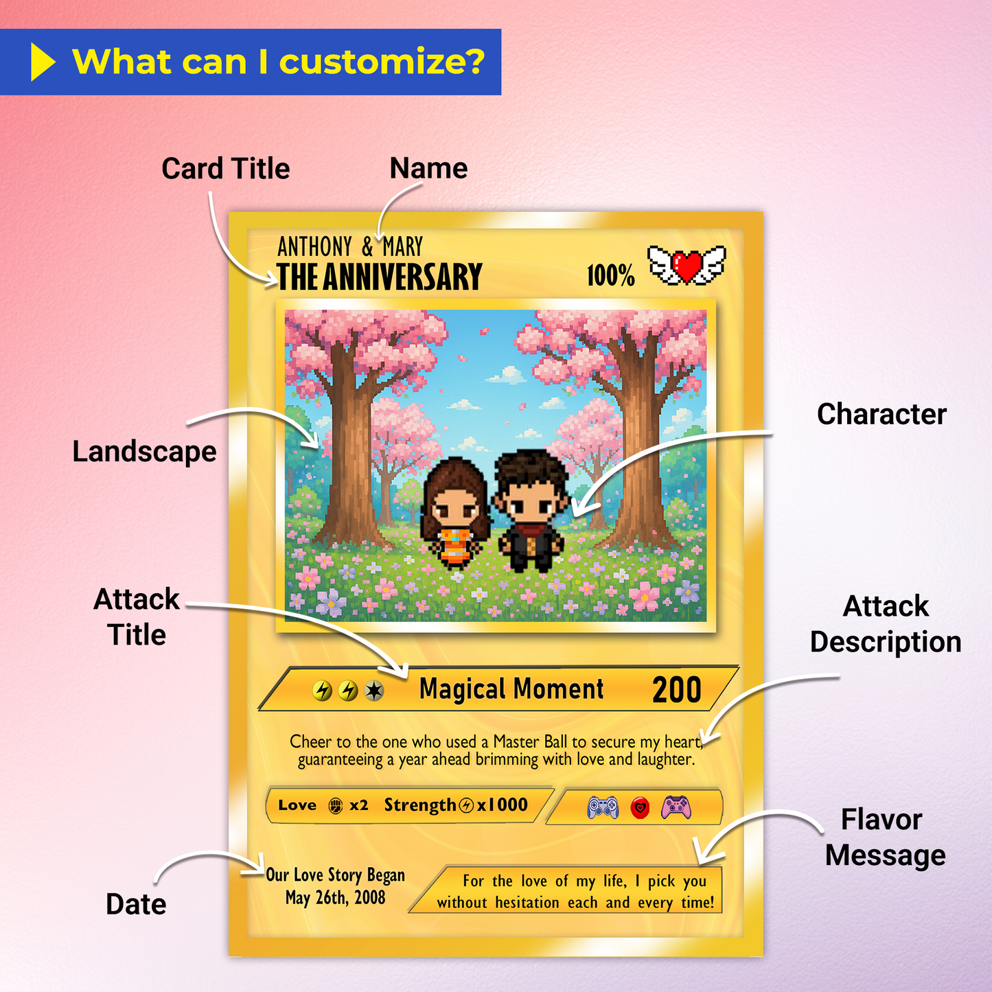 Custom Pokemon Card with Pixel Characters, Personalized Pokemon Card for Couples, Holographic Effect Available - CPC-70.B