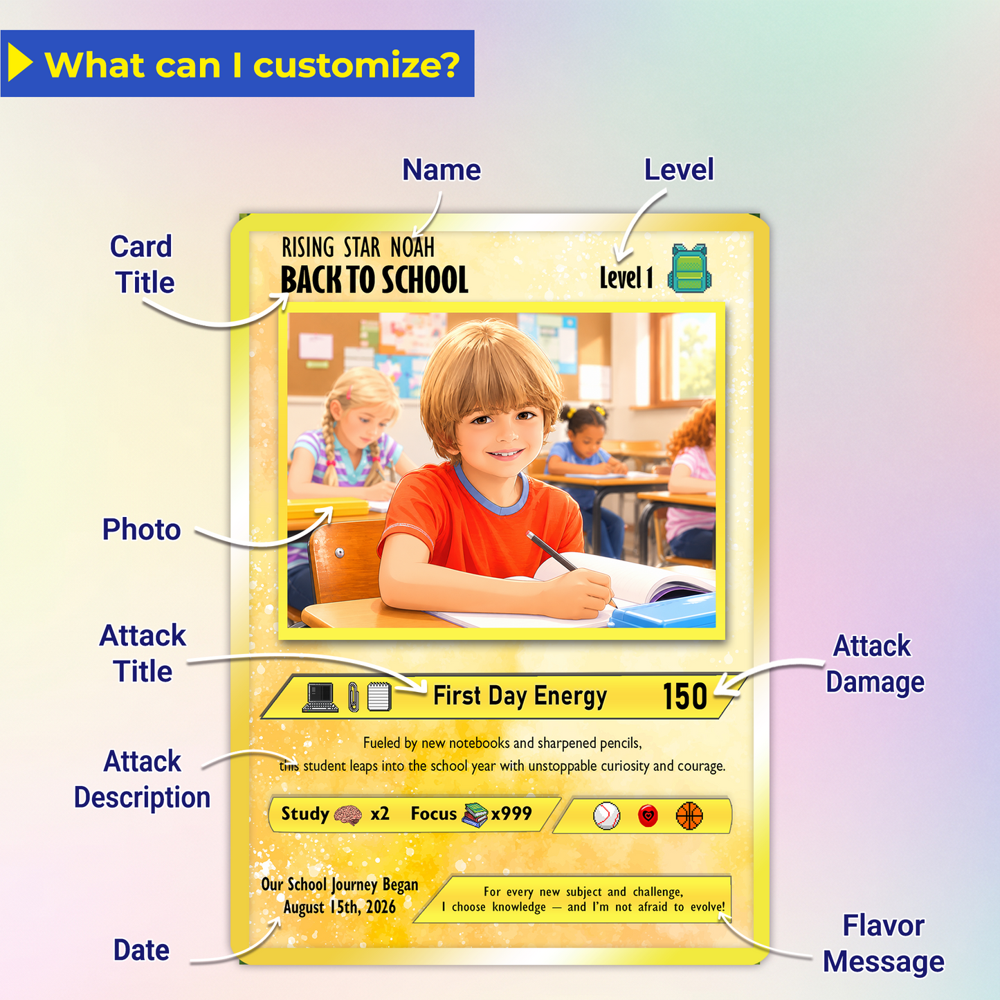 Back to School Custom Pokémon Card - Personalized Pokémon Card with Anime Picture for Kids, Students - First Day of School Gift from Parents - CPC-146.A