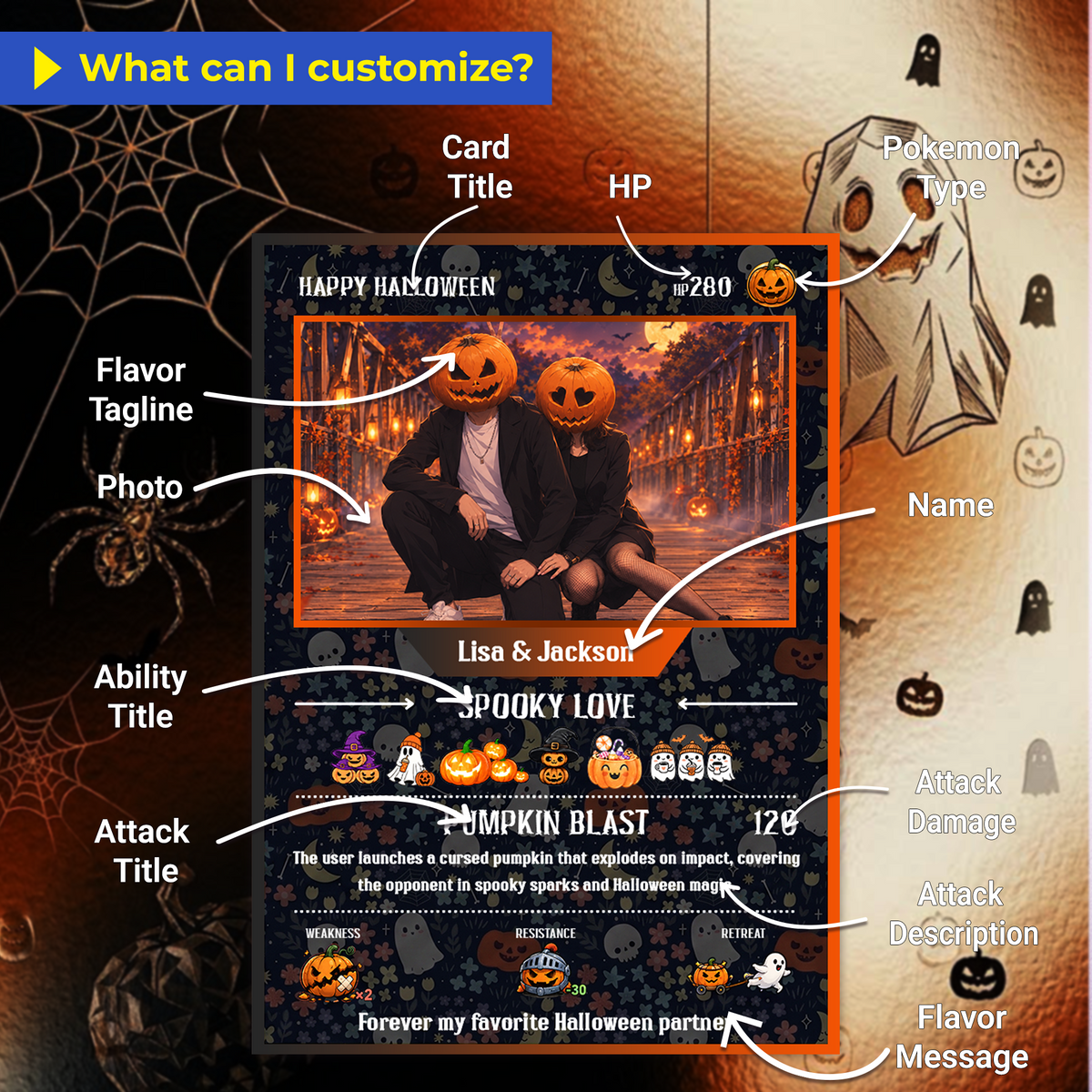 Halloween Custom Pokémon Cards with Anime Picture, Personalized Pokemon Cards, Gifts for Him and Her - CPC-hlw-01