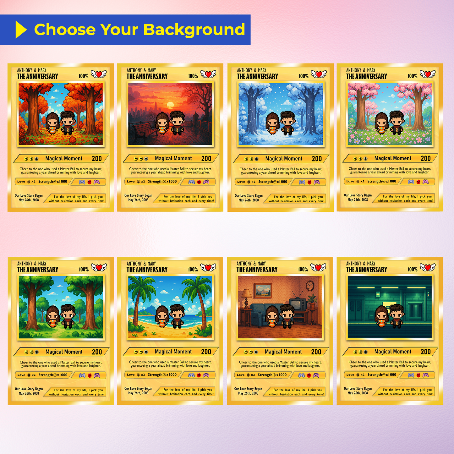 Custom Pokemon Card with Pixel Characters, Personalized Pokemon Card for Couples, Holographic Effect Available - CPC-70.B