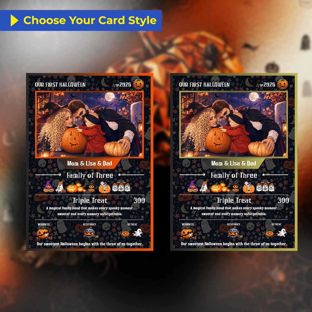 Custom Pokémon Card – First Halloween as a Family of Three, Halloween Anime Transformation Metal Card, Personalized Family of 3 Gift, New Family Keepsake - CPC-hlw-14