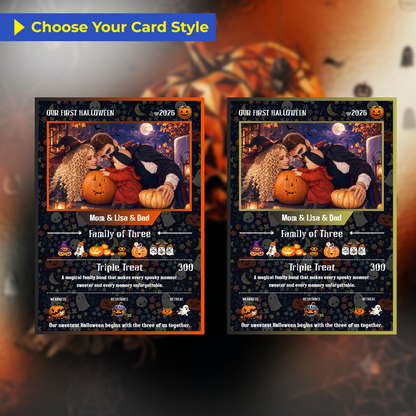 Custom Pokémon Card – First Halloween as a Family of Three, Halloween Anime Transformation Metal Card, Personalized Family of 3 Gift, New Family Keepsake - CPC-hlw-14
