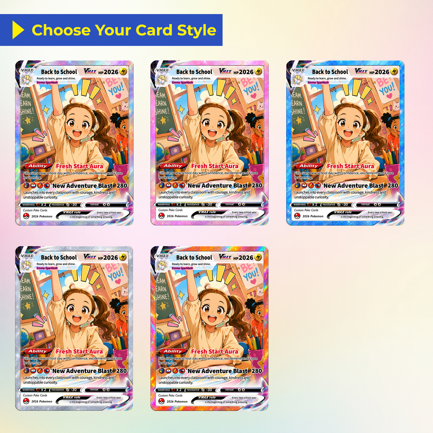 Back to School Custom Pokémon Card - Personalized Pokémon Card with Anime Picture - First Day of School Gift from Parents, Grandparents for Kids, Students - CPC-BTS-01.B