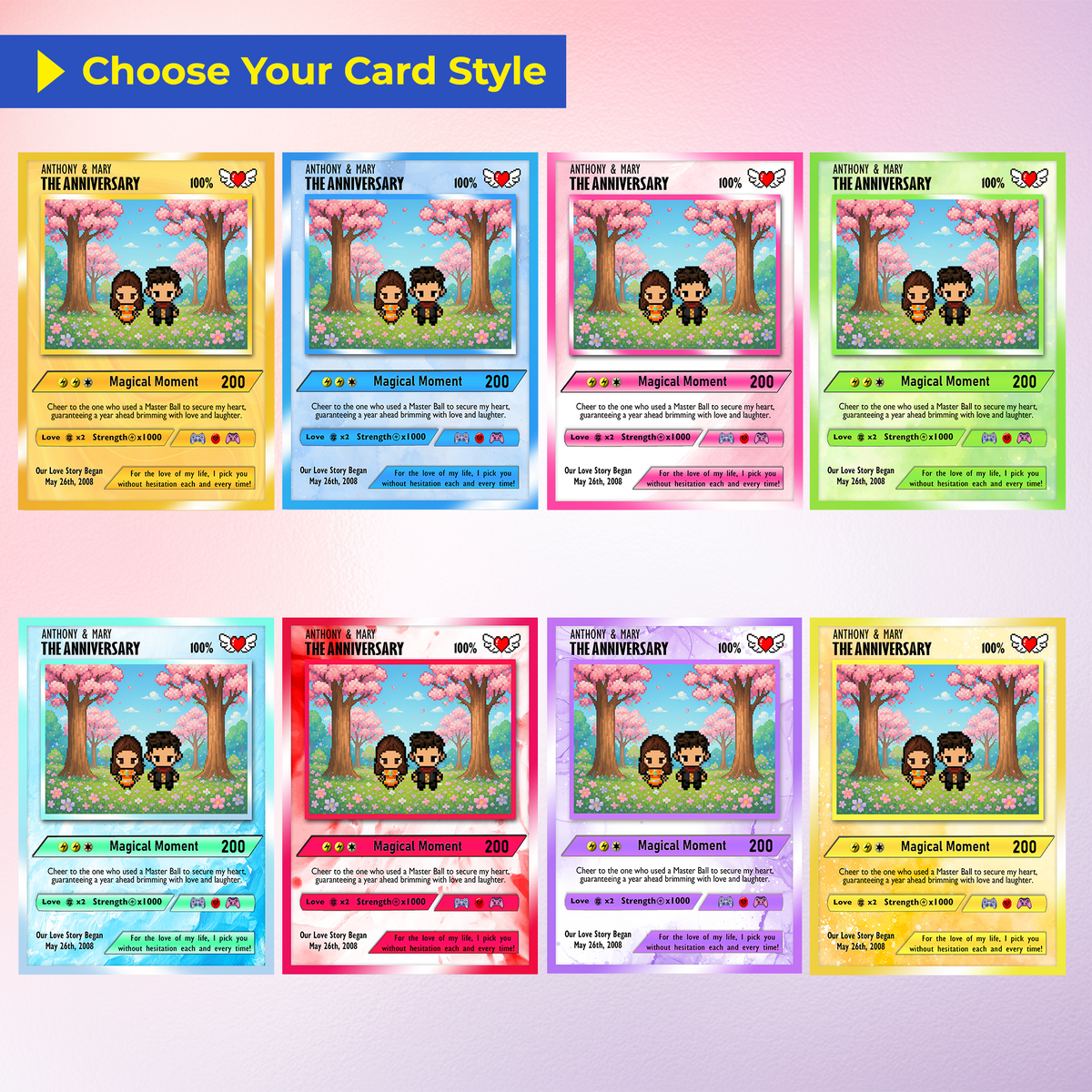 Custom Pokemon Card with Pixel Characters, Personalized Pokemon Card for Couples, Holographic Effect Available - CPC-70.B