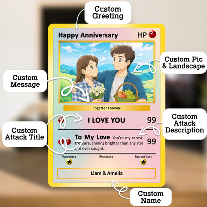 Happy Anniversary Card, Custom Pokémon Cards with Anime Picture, Personalized Poke Cards Animated Style Gifts for Him and Her - CPC-61
