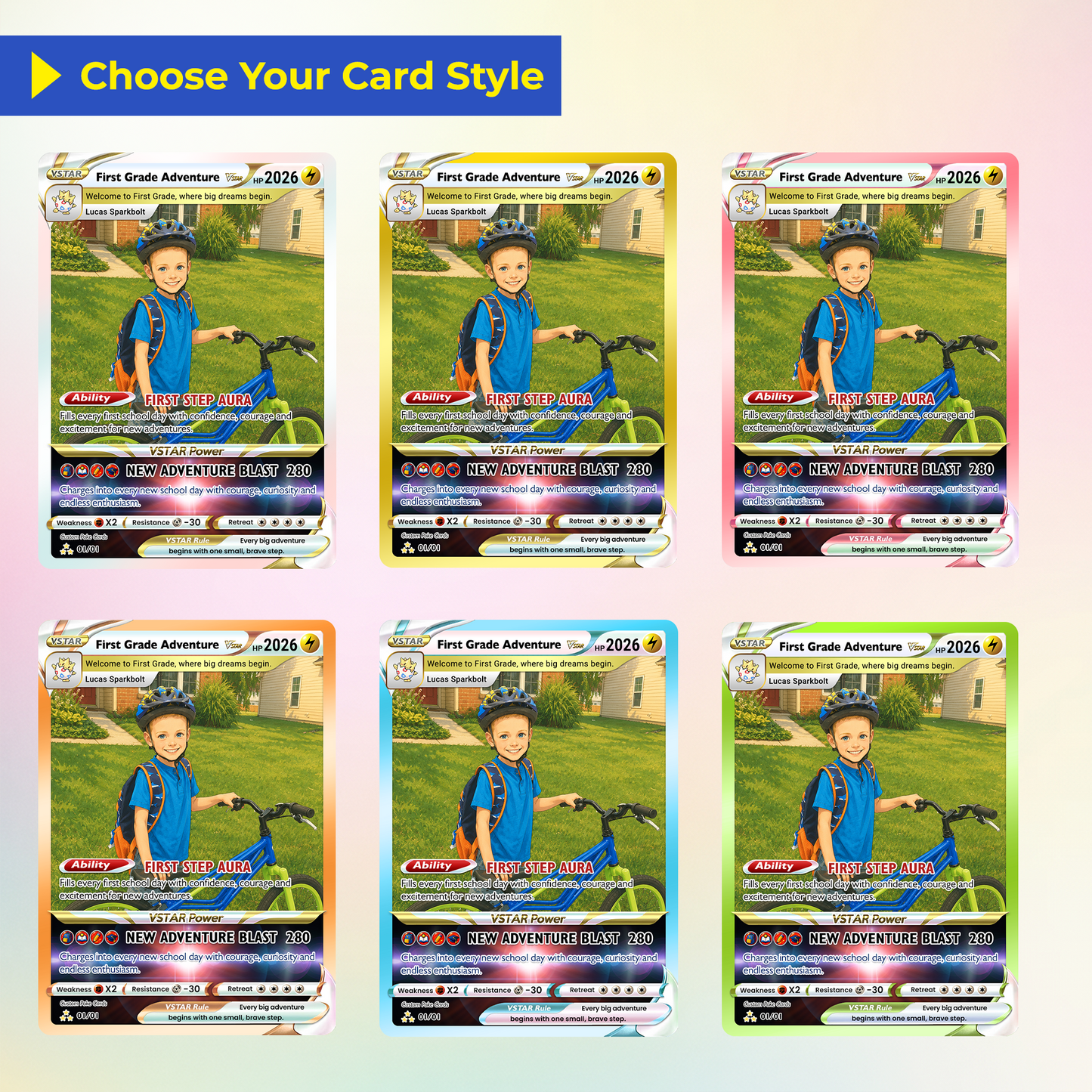 First Grade Adventure Custom Pokémon Card, First Day of School Personalized Pokémon Card, Customizable Animated Gift from Parents for Kids - Kindergarten Graduation Gift - CPC-BTS-24