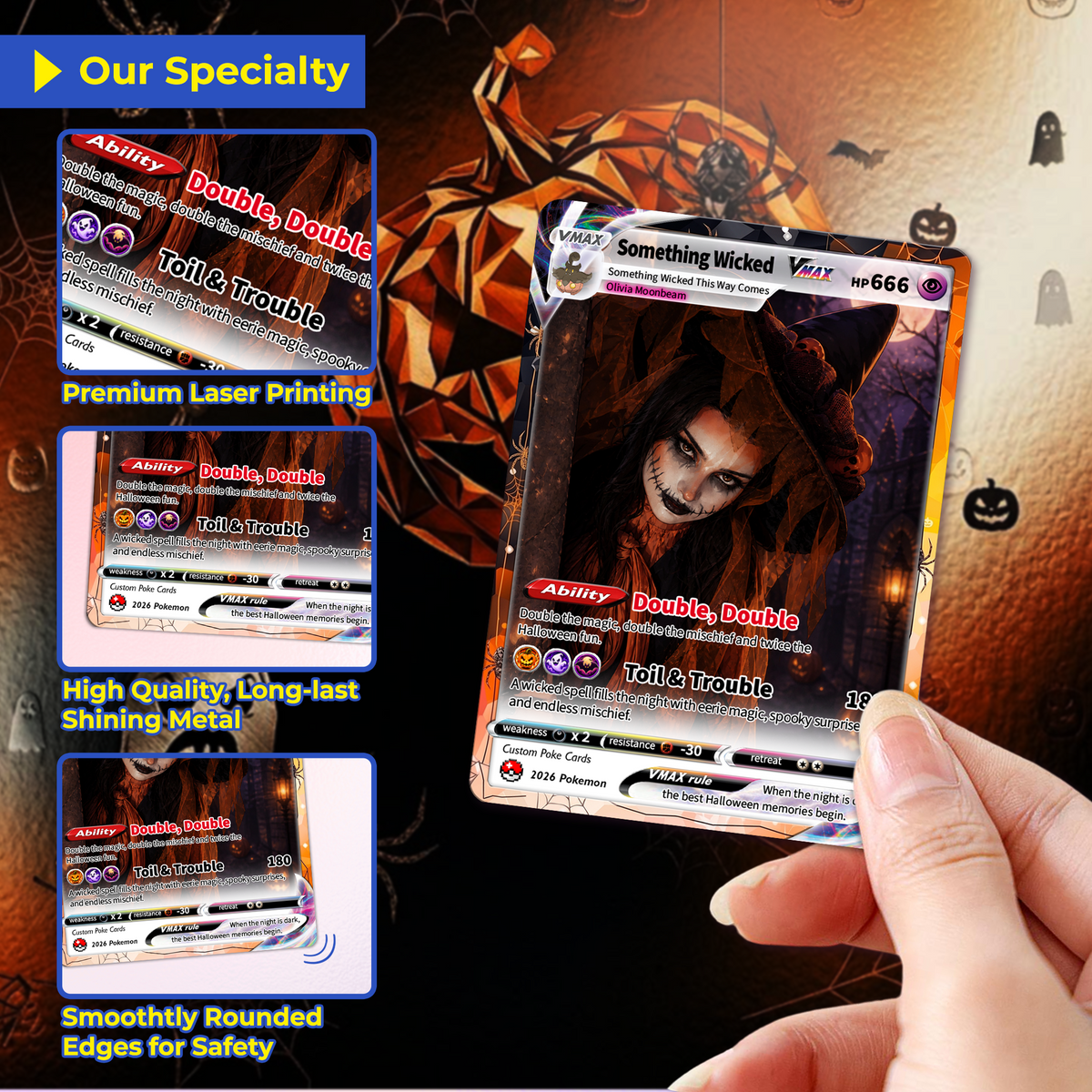 Custom Halloween Witch Pokémon Card with Anime Picture, Personalized Pokémon Cards, Spooky Halloween Gift for Her - CPC-hlw-15