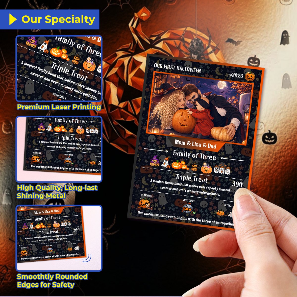 Custom Pokémon Card – First Halloween as a Family of Three, Halloween Anime Transformation Metal Card, Personalized Family of 3 Gift, New Family Keepsake - CPC-hlw-14