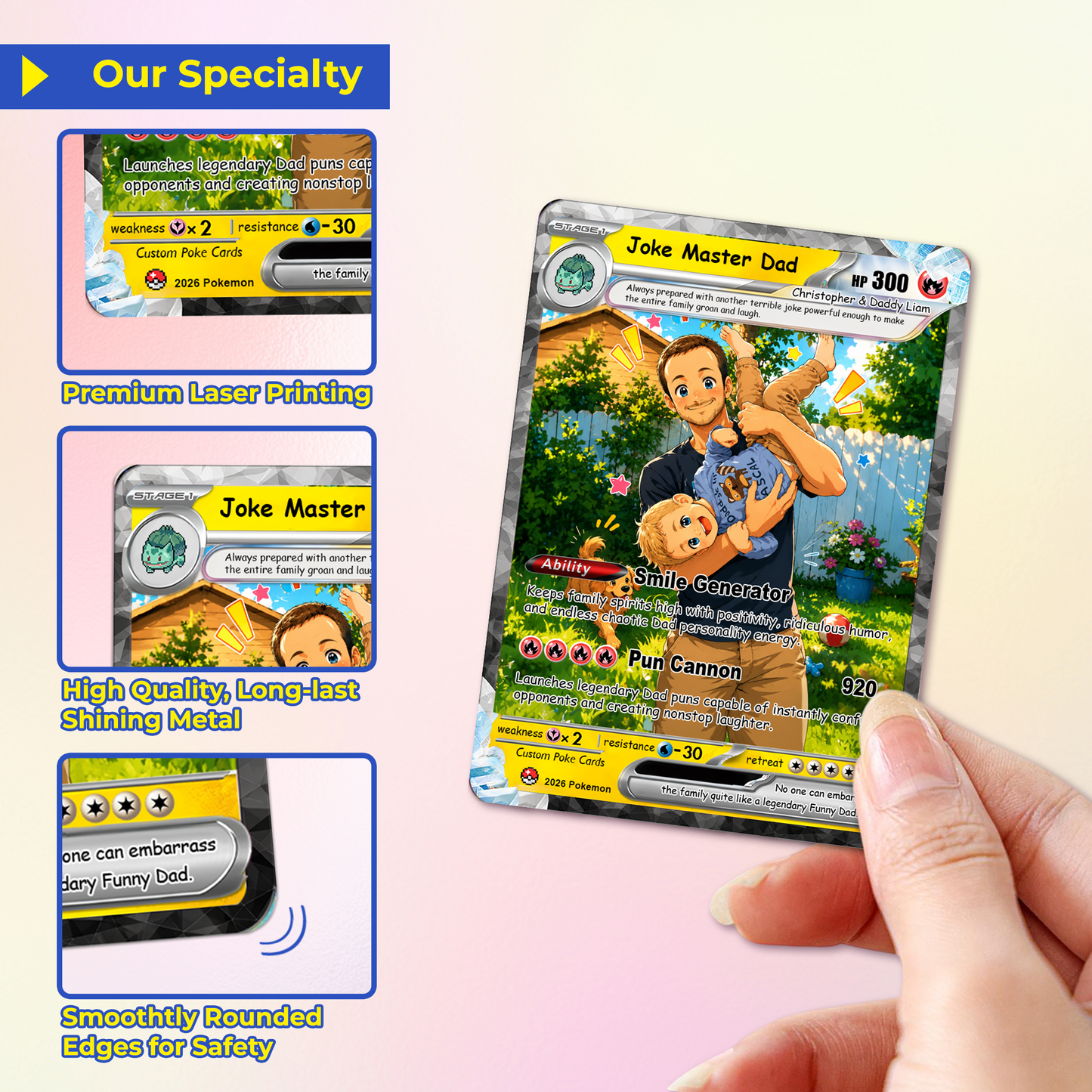 Funny Happy Father's Day Custom Pokémon Card - Comic Anime Style Personalized Pokémon Card for Funny Dad - Perfect Gift from Wife & Kids - CPC-122