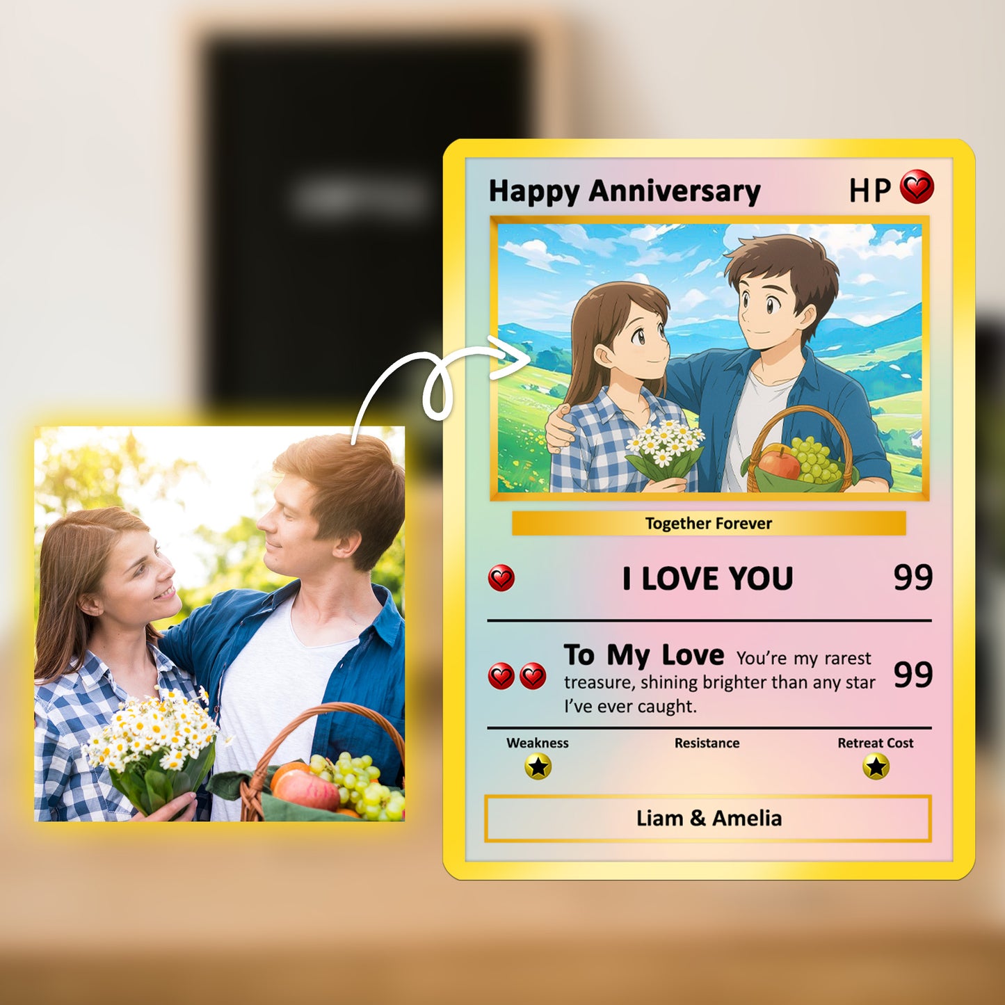 Happy Anniversary Card, Custom Pokémon Cards with Anime Picture, Personalized Poke Cards Animated Style Gifts for Him and Her - CPC-61
