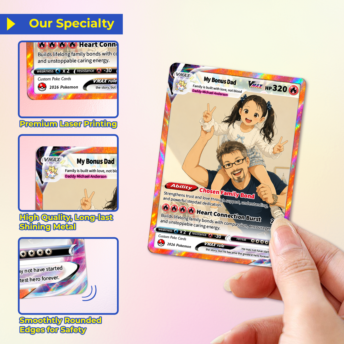 My Bonus Dad Custom Pokémon Card for Father's Day - Comic Anime Style Personalized Pokémon Card for Step Dad - Perfect Gift for Stapfather from Kids - CPC-131
