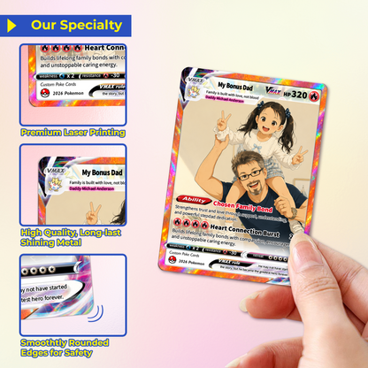 My Bonus Dad Custom Pokémon Card for Father's Day - Comic Anime Style Personalized Pokémon Card for Step Dad - Perfect Gift for Stapfather from Kids - CPC-131
