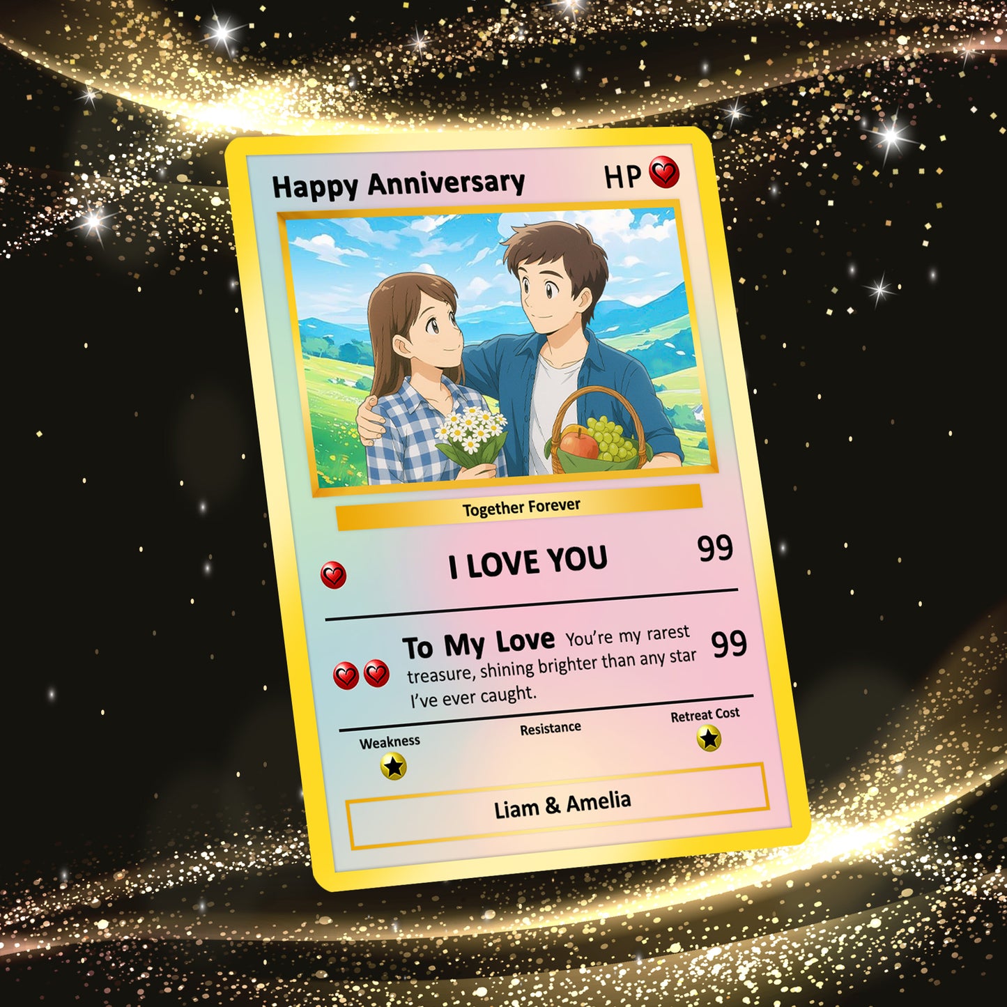 Happy Anniversary Card, Custom Pokémon Cards with Anime Picture, Personalized Poke Cards Animated Style Gifts for Him and Her - CPC-61