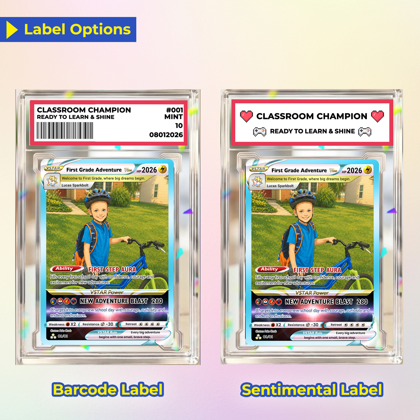 First Grade Adventure Custom Pokémon Card, First Day of School Personalized Pokémon Card, Customizable Animated Gift from Parents for Kids - Kindergarten Graduation Gift - CPC-BTS-24