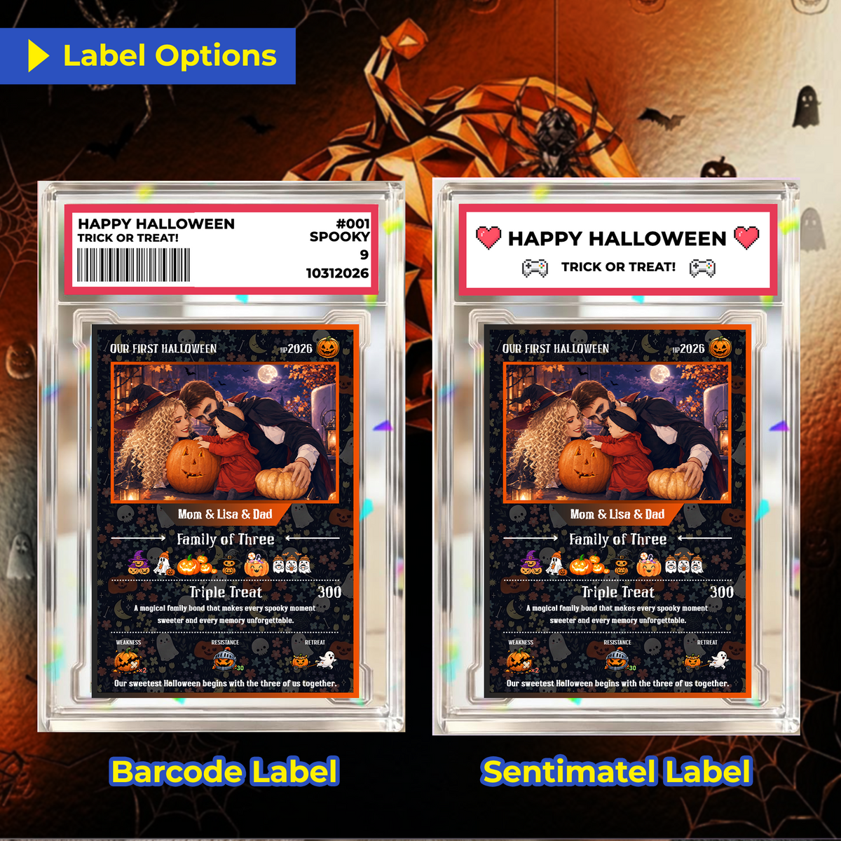 Custom Pokémon Card – First Halloween as a Family of Three, Halloween Anime Transformation Metal Card, Personalized Family of 3 Gift, New Family Keepsake - CPC-hlw-14
