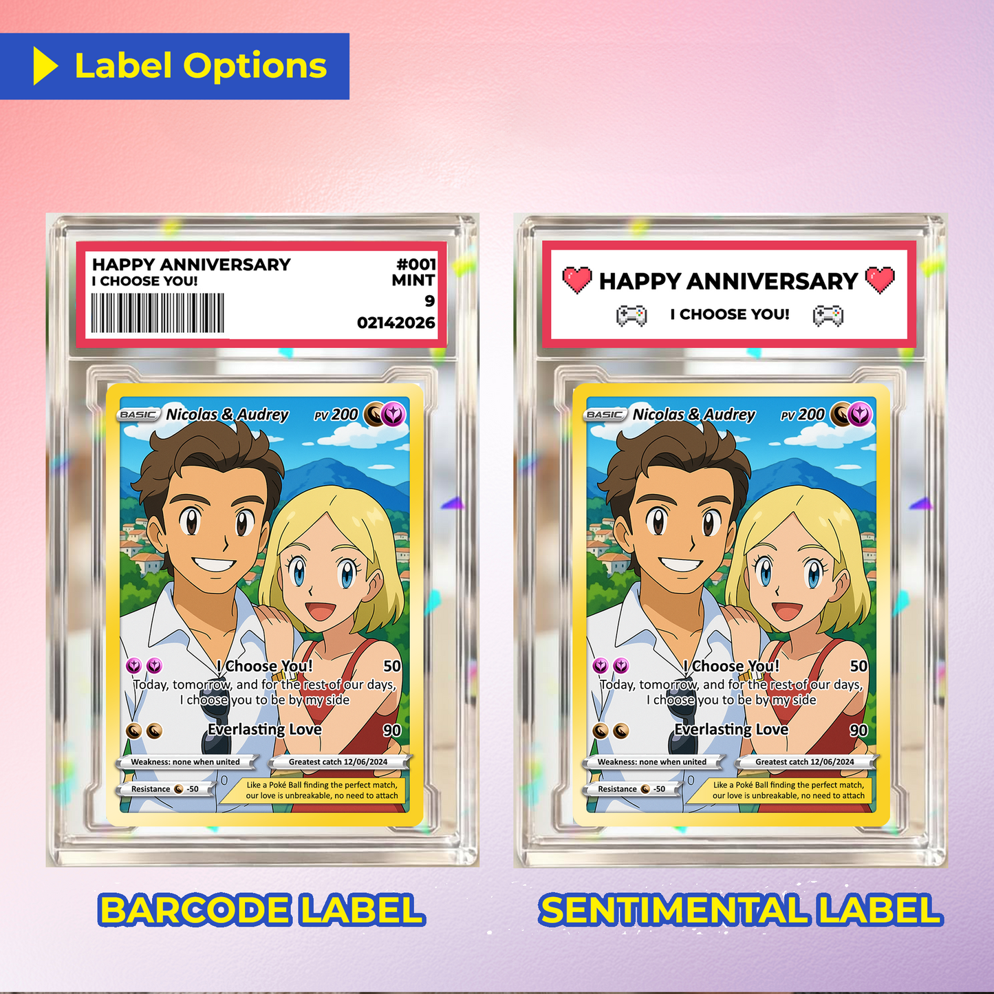 Customizable Pokemon Card - Personalized Anime-Inspired Pokemon Card for Couples - Holographic Effect Available - CPC-28