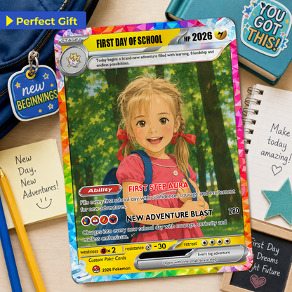 First Grade Custom Pokémon Card, First Day of School Personalized Pokémon Card, Customizable Animated Gift from Parents for Kids - Kindergarten Graduation Gift - CPC-BTS-23